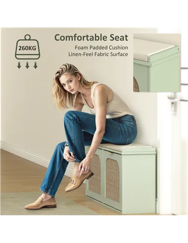 HOMCOM Boho Shoe Bench with Padded Seat and 2 Flip-Drawers - Light Green