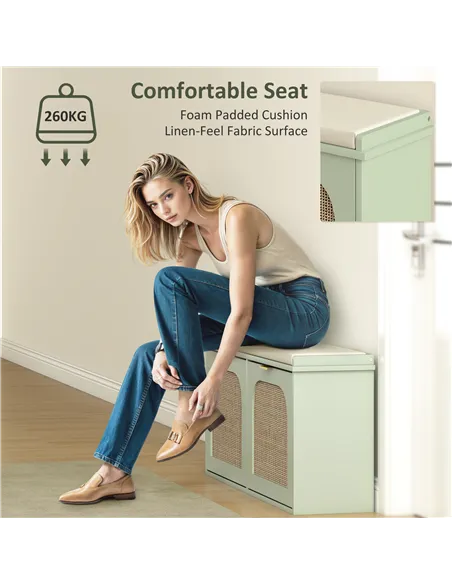 HOMCOM Boho Shoe Bench with Padded Seat and 2 Flip-Drawers - Light Green