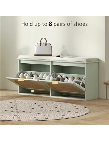 HOMCOM Boho Shoe Bench with Padded Seat and 2 Flip-Drawers - Light Green