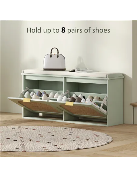 HOMCOM Boho Shoe Bench with Padded Seat and 2 Flip-Drawers - Light Green