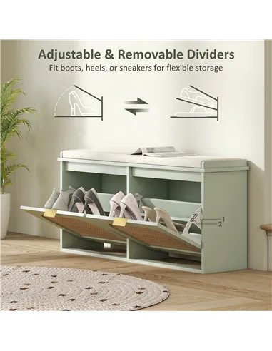 HOMCOM Boho Shoe Bench with Padded Seat and 2 Flip-Drawers - Light Green