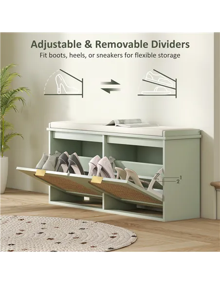 HOMCOM Boho Shoe Bench with Padded Seat and 2 Flip-Drawers - Light Green