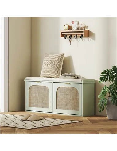 HOMCOM Boho Shoe Bench with Padded Seat and 2 Flip-Drawers - Light Green