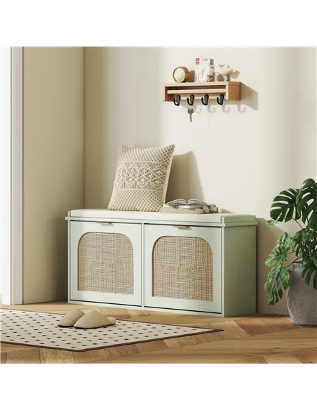 HOMCOM Boho Shoe Bench with Padded Seat and 2 Flip-Drawers - Light Green