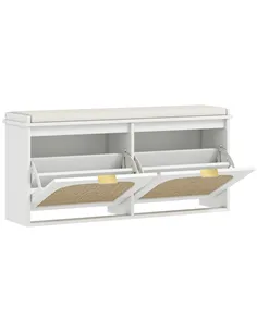 HOMCOM Boho Shoe Bench with Padded Seat and 2 Flip-Drawers - White
