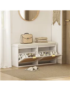 HOMCOM Boho Shoe Bench with Padded Seat and 2 Flip-Drawers - White 2