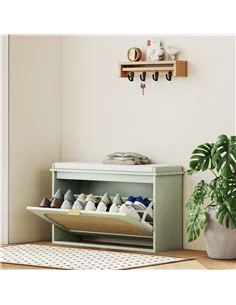 HOMCOM Boho Shoe Bench with Padded Seat and Flip-Drawer - Light Green 2