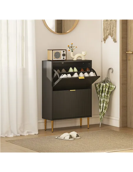 HOMCOM Narrow Shoe Cabinet with 2 Flip Drawers - Black
