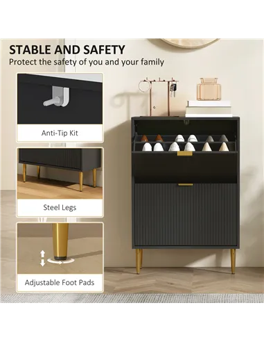 HOMCOM Narrow Shoe Cabinet with 2 Flip Drawers - Black