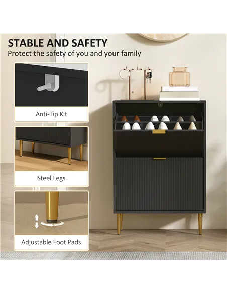 HOMCOM Narrow Shoe Cabinet with 2 Flip Drawers - Black