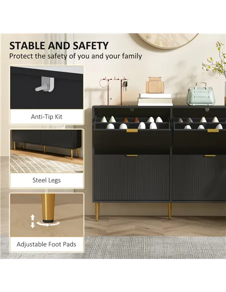 HOMCOM Narrow Shoe Cabinet with 4 Flip Drawers - Black