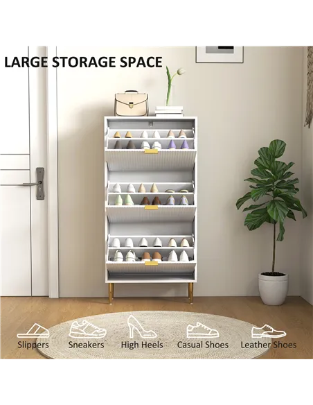 HOMCOM Narrow Shoe Cabinet with 3 Flip Drawers - White