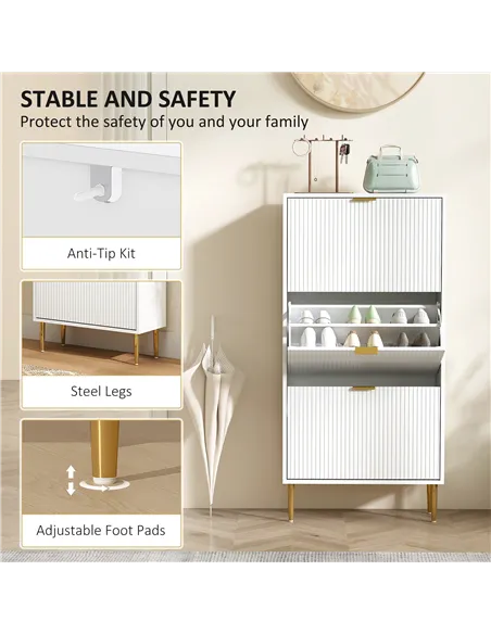 HOMCOM Narrow Shoe Cabinet with 3 Flip Drawers - White