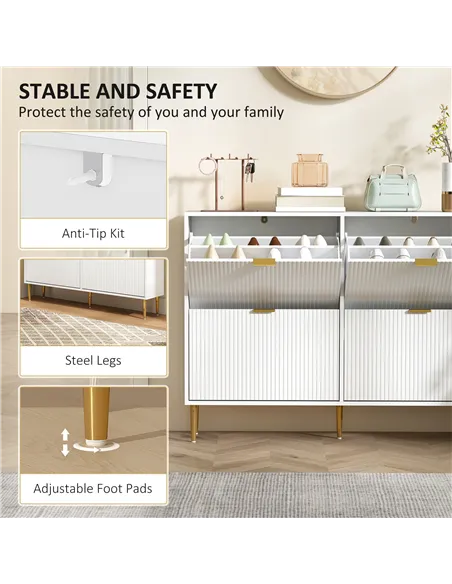 HOMCOM Narrow Shoe Cabinet with 4 Flip Drawers - White