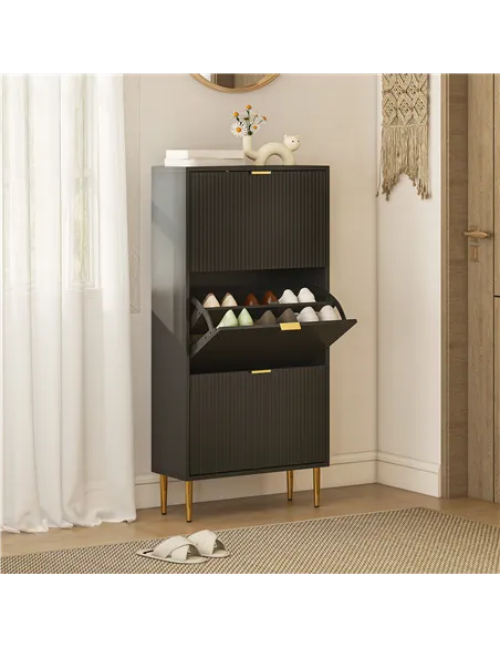 HOMCOM Narrow Shoe Cabinet with 3 Flip Drawers - Black