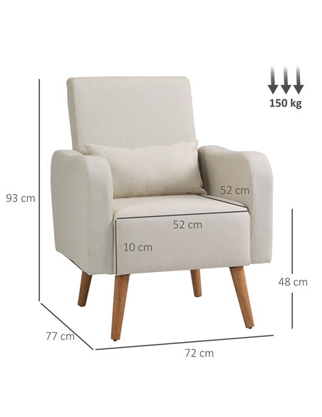 HOMCOM Accent Chair, Linen-Touch Armchair with Pillow, Upholstered Leisure Lounge Sofa for Living Room, Club Chair with Rubber W