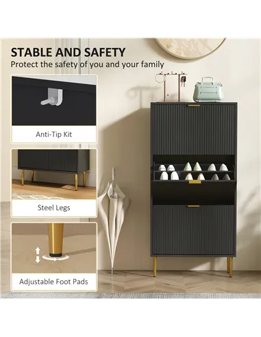 HOMCOM Narrow Shoe Cabinet with 3 Flip Drawers - Black