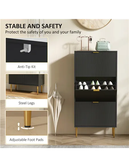 HOMCOM Narrow Shoe Cabinet with 3 Flip Drawers - Black