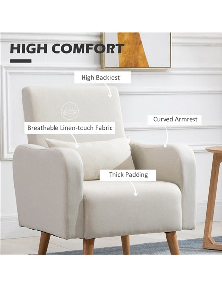 HOMCOM Accent Chair, Linen-Touch Armchair with Pillow, Upholstered Leisure Lounge Sofa for Living Room, Club Chair with Rubber W