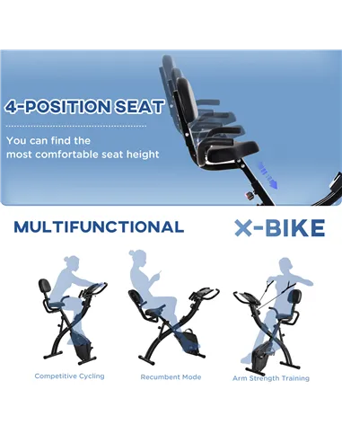 HOMCOM 2-in-1 Folding Exercise Bike with 8-Level Magnetic Resistance, Arm Resistance Band, Pulse Sensor, Black