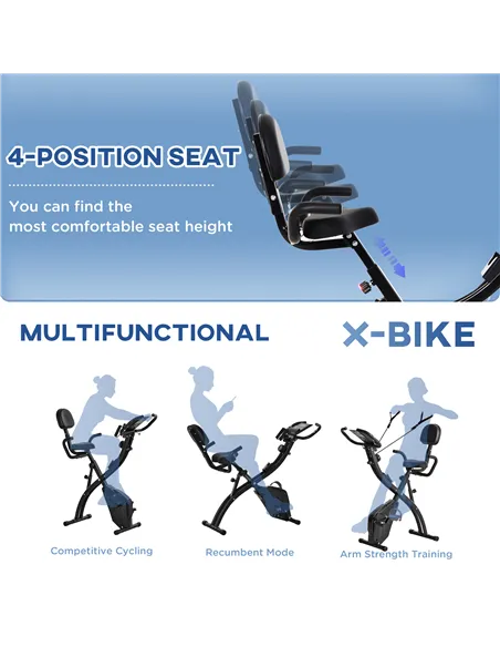 HOMCOM 2-in-1 Folding Exercise Bike with 8-Level Magnetic Resistance, Arm Resistance Band, Pulse Sensor, Black