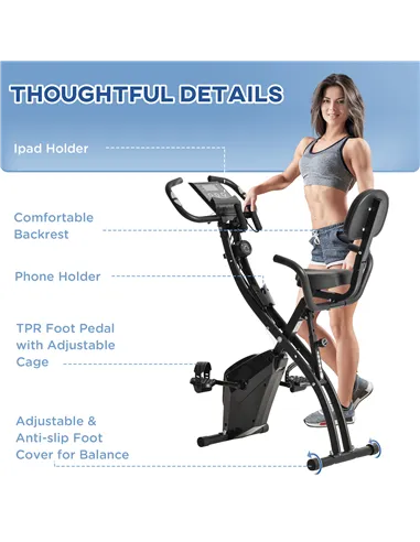 HOMCOM 2-in-1 Folding Exercise Bike with 8-Level Magnetic Resistance, Arm Resistance Band, Pulse Sensor, Black