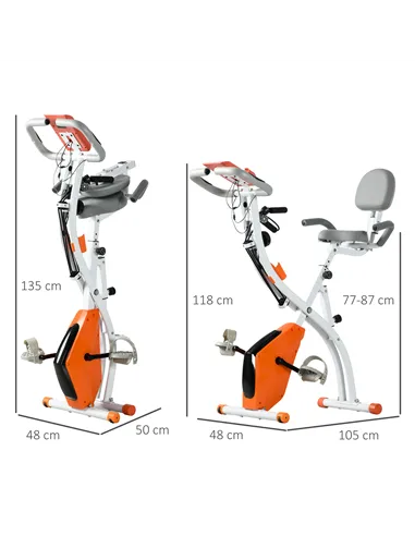 HOMCOM 2-in-1 Folding Exercise Bike with 8-Level Magnetic Resistance, Arm Resistance Band, Pulse Sensor, Orange
