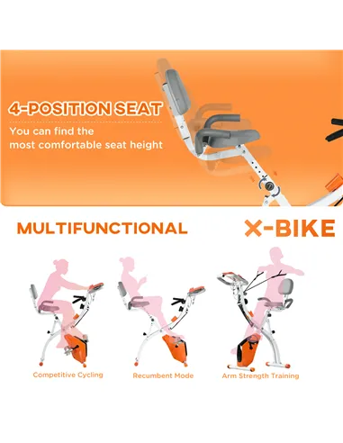 HOMCOM 2-in-1 Folding Exercise Bike with 8-Level Magnetic Resistance, Arm Resistance Band, Pulse Sensor, Orange