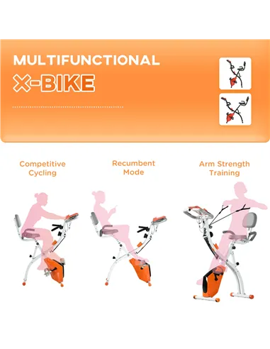 HOMCOM 2-in-1 Folding Exercise Bike with 8-Level Magnetic Resistance, Arm Resistance Band, Pulse Sensor, Orange