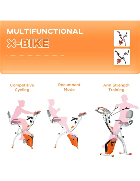 HOMCOM 2-in-1 Folding Exercise Bike with 8-Level Magnetic Resistance, Arm Resistance Band, Pulse Sensor, Orange