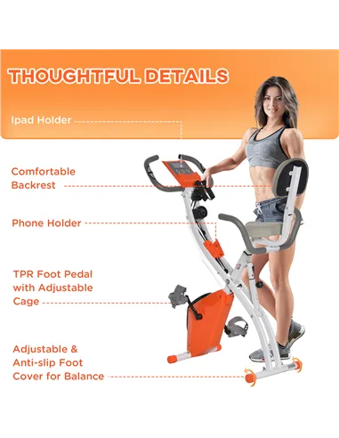 HOMCOM 2-in-1 Folding Exercise Bike with 8-Level Magnetic Resistance, Arm Resistance Band, Pulse Sensor, Orange