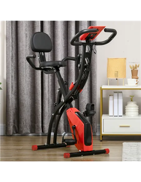 HOMCOM 2-in-1 Folding Exercise Bike with 8-Level Magnetic Resistance, Arm Resistance Band, Pulse Sensor, Red
