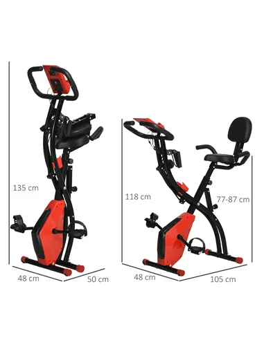 HOMCOM 2-in-1 Folding Exercise Bike with 8-Level Magnetic Resistance, Arm Resistance Band, Pulse Sensor, Red
