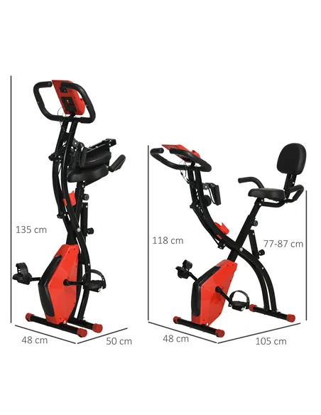 HOMCOM 2-in-1 Folding Exercise Bike with 8-Level Magnetic Resistance, Arm Resistance Band, Pulse Sensor, Red