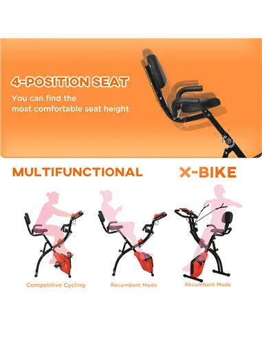 HOMCOM 2-in-1 Folding Exercise Bike with 8-Level Magnetic Resistance, Arm Resistance Band, Pulse Sensor, Red