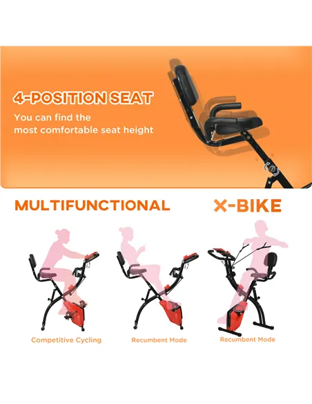 HOMCOM 2-in-1 Folding Exercise Bike with 8-Level Magnetic Resistance, Arm Resistance Band, Pulse Sensor, Red