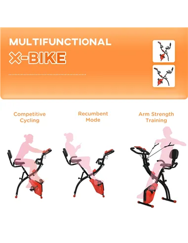 HOMCOM 2-in-1 Folding Exercise Bike with 8-Level Magnetic Resistance, Arm Resistance Band, Pulse Sensor, Red