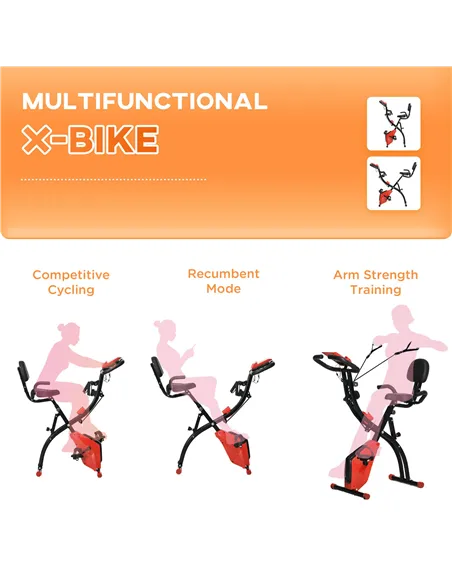 HOMCOM 2-in-1 Folding Exercise Bike with 8-Level Magnetic Resistance, Arm Resistance Band, Pulse Sensor, Red