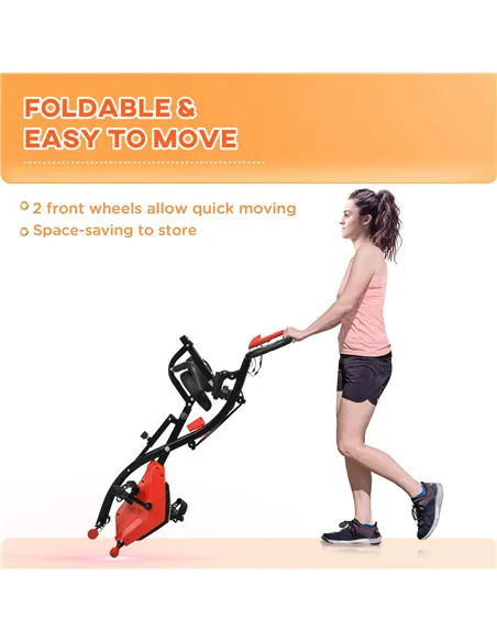 HOMCOM 2-in-1 Folding Exercise Bike with 8-Level Magnetic Resistance, Arm Resistance Band, Pulse Sensor, Red