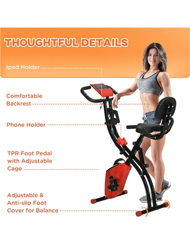 HOMCOM 2-in-1 Folding Exercise Bike with 8-Level Magnetic Resistance, Arm Resistance Band, Pulse Sensor, Red