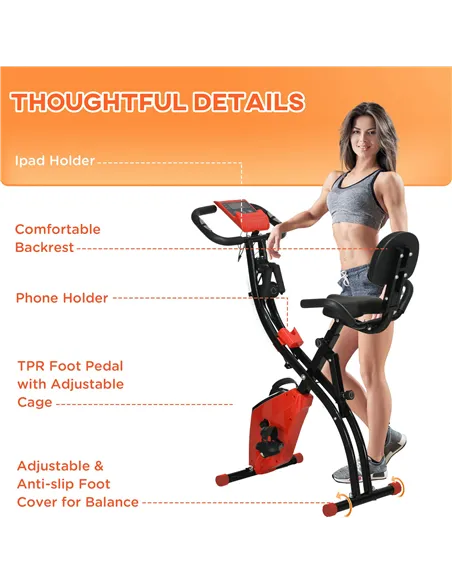 HOMCOM 2-in-1 Folding Exercise Bike with 8-Level Magnetic Resistance, Arm Resistance Band, Pulse Sensor, Red