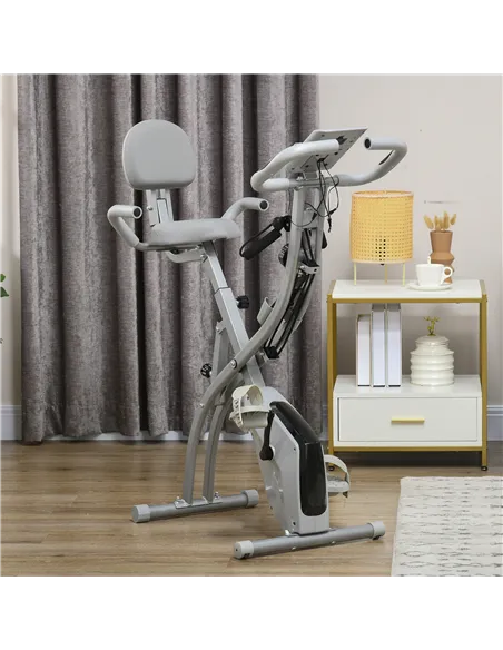 HOMCOM 2-in-1 Folding Exercise Bike with 8-Level Magnetic Resistance, Arm Resistance Band, Pulse Sensor, Grey