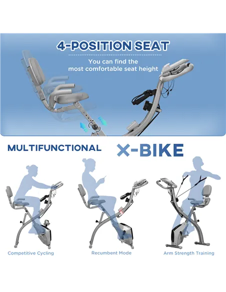 HOMCOM 2-in-1 Folding Exercise Bike with 8-Level Magnetic Resistance, Arm Resistance Band, Pulse Sensor, Grey