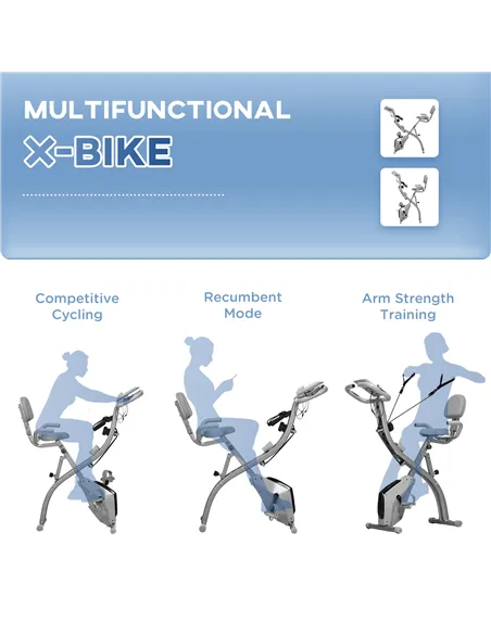 HOMCOM 2-in-1 Folding Exercise Bike with 8-Level Magnetic Resistance, Arm Resistance Band, Pulse Sensor, Grey