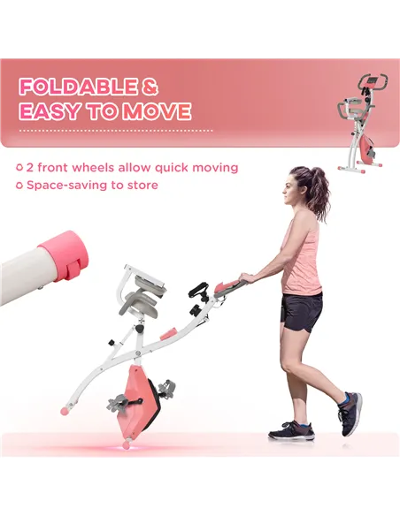 HOMCOM 2-in-1 Folding Exercise Bike with 8-Level Magnetic Resistance, Arm Resistance Band, Pulse Sensor, Pink
