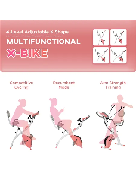 HOMCOM 2-in-1 Folding Exercise Bike with 8-Level Magnetic Resistance, Arm Resistance Band, Pulse Sensor, Pink