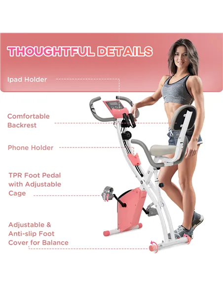 HOMCOM 2-in-1 Folding Exercise Bike with 8-Level Magnetic Resistance, Arm Resistance Band, Pulse Sensor, Pink