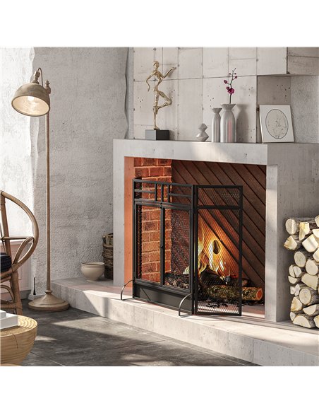 HOMCOM 3-Panel Folding Fireplace Screen with Door, Freestanding Spark Guard, Metal Mesh Fireguard, Black