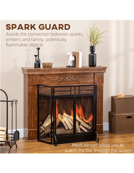 HOMCOM 3-Panel Folding Fireplace Screen with Door, Freestanding Spark Guard, Metal Mesh Fireguard, Black