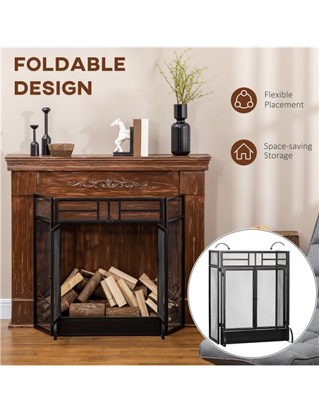 HOMCOM 3-Panel Folding Fireplace Screen with Door, Freestanding Spark Guard, Metal Mesh Fireguard, Black